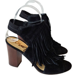 Sam Edelman Black Fringed Elaine Round Toe Block Heel Slingback Sandal